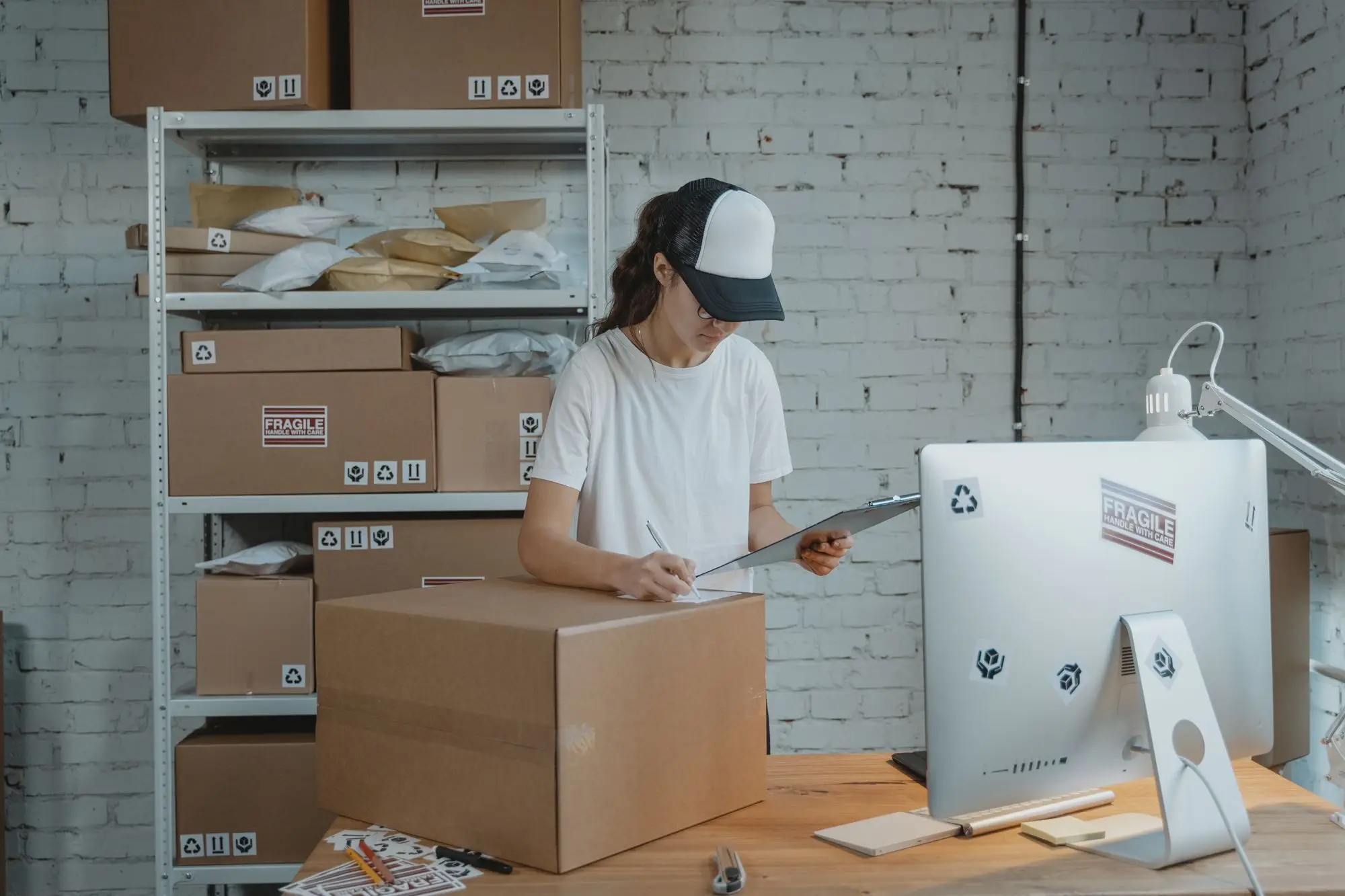 Business owner in a small stockroom checking a supplier order on a clipboard beside packed cartons