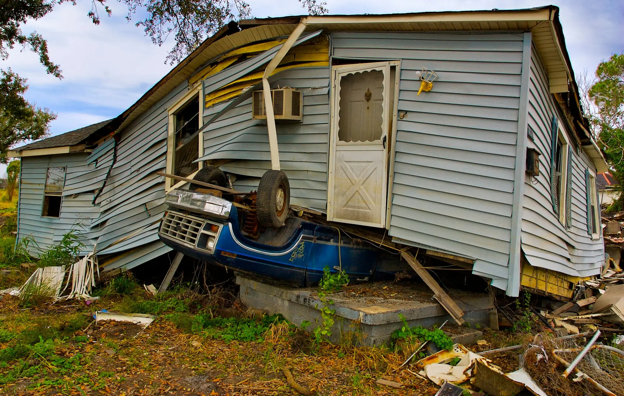 Storm-damaged building after a severe weather event